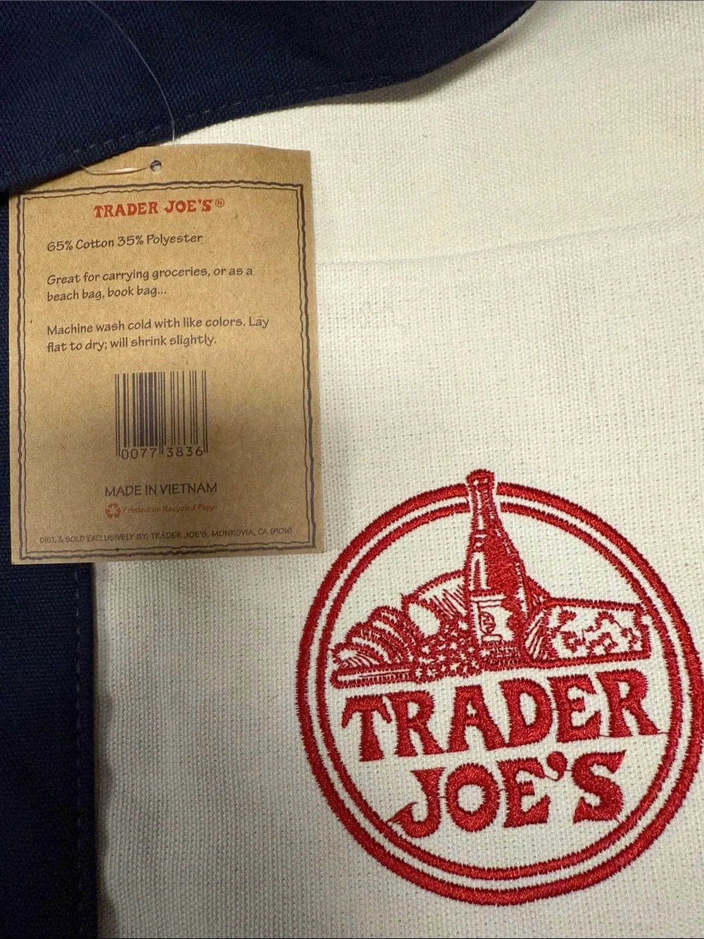 Trader Joe's Large Cream and Navy Canvas Tote Bag